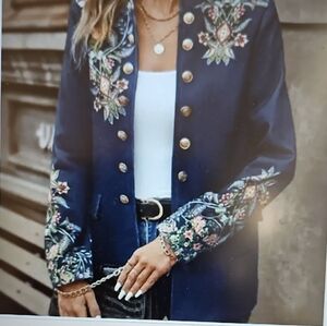 NWT Sinhoon Navy Double Breasted Gold Tone Button Tailored Floral Blazer XL